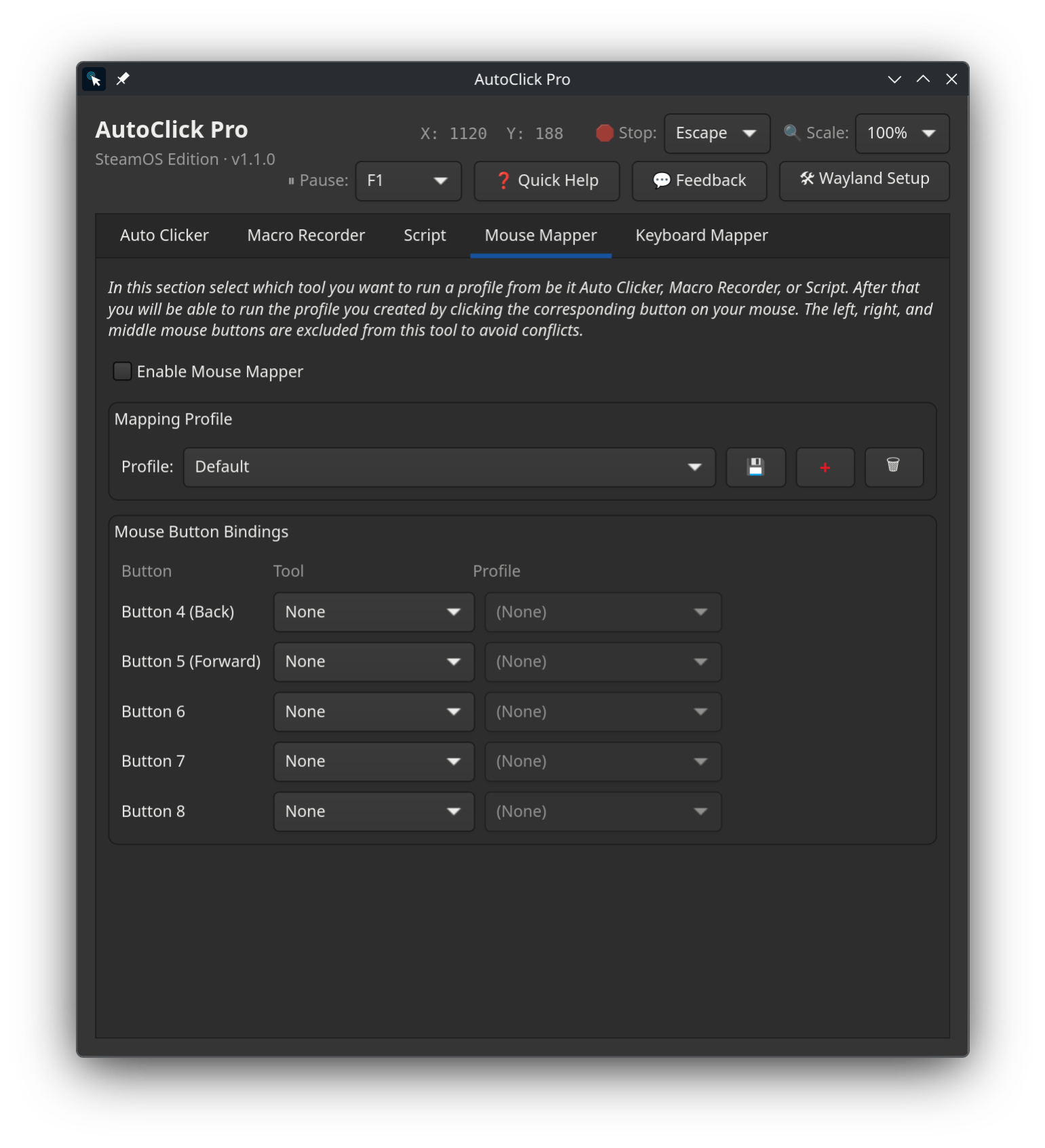 AutoClick Pro Mouse Mapper tab on SteamOS and Linux mapping extra mouse side buttons to saved auto clicker, macro, and script profiles