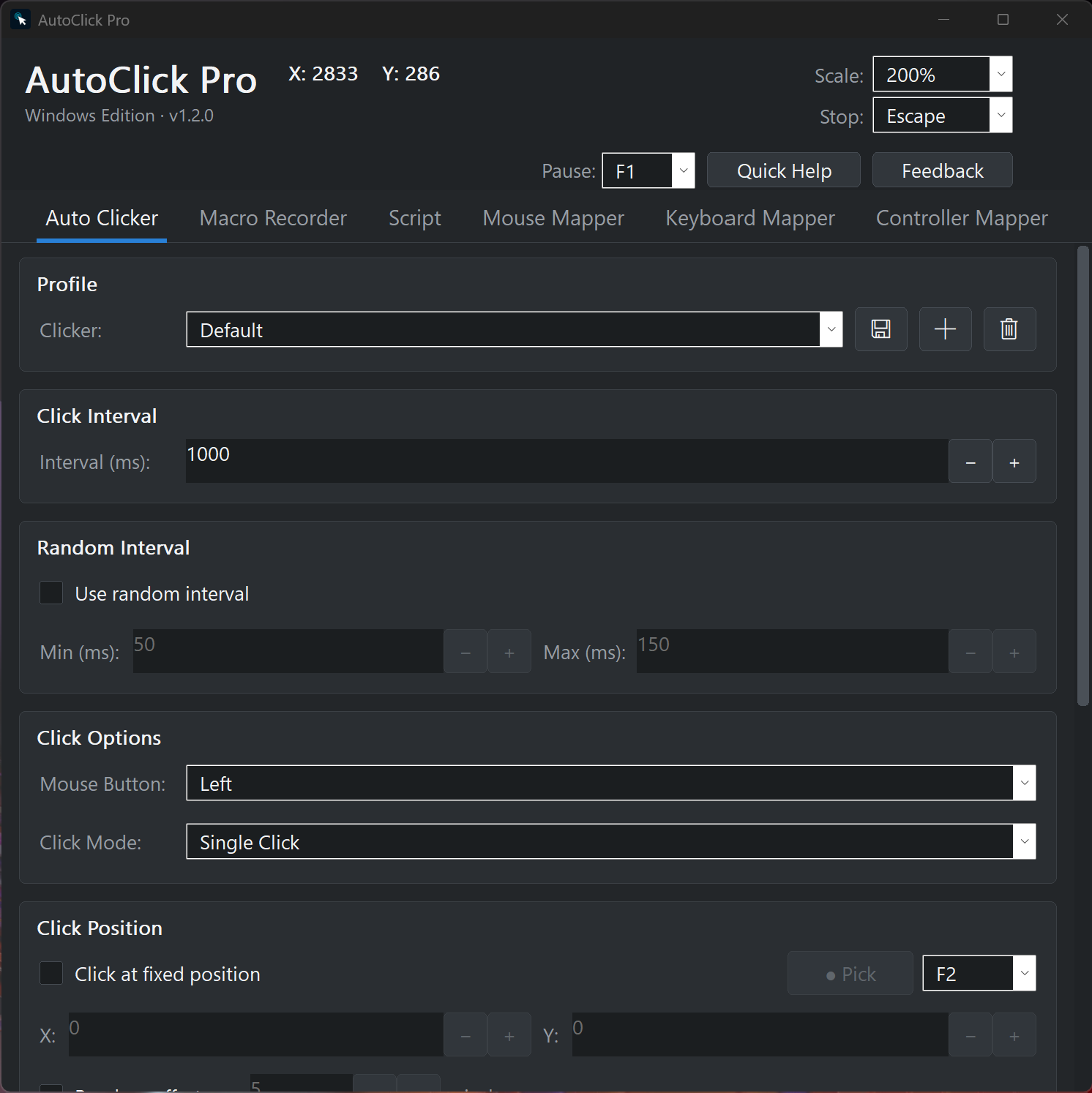 AutoClick Pro auto clicker tab on Windows 11 showing click interval, random interval, mouse button, click mode, and click position settings, with pause and stop hotkeys in the header