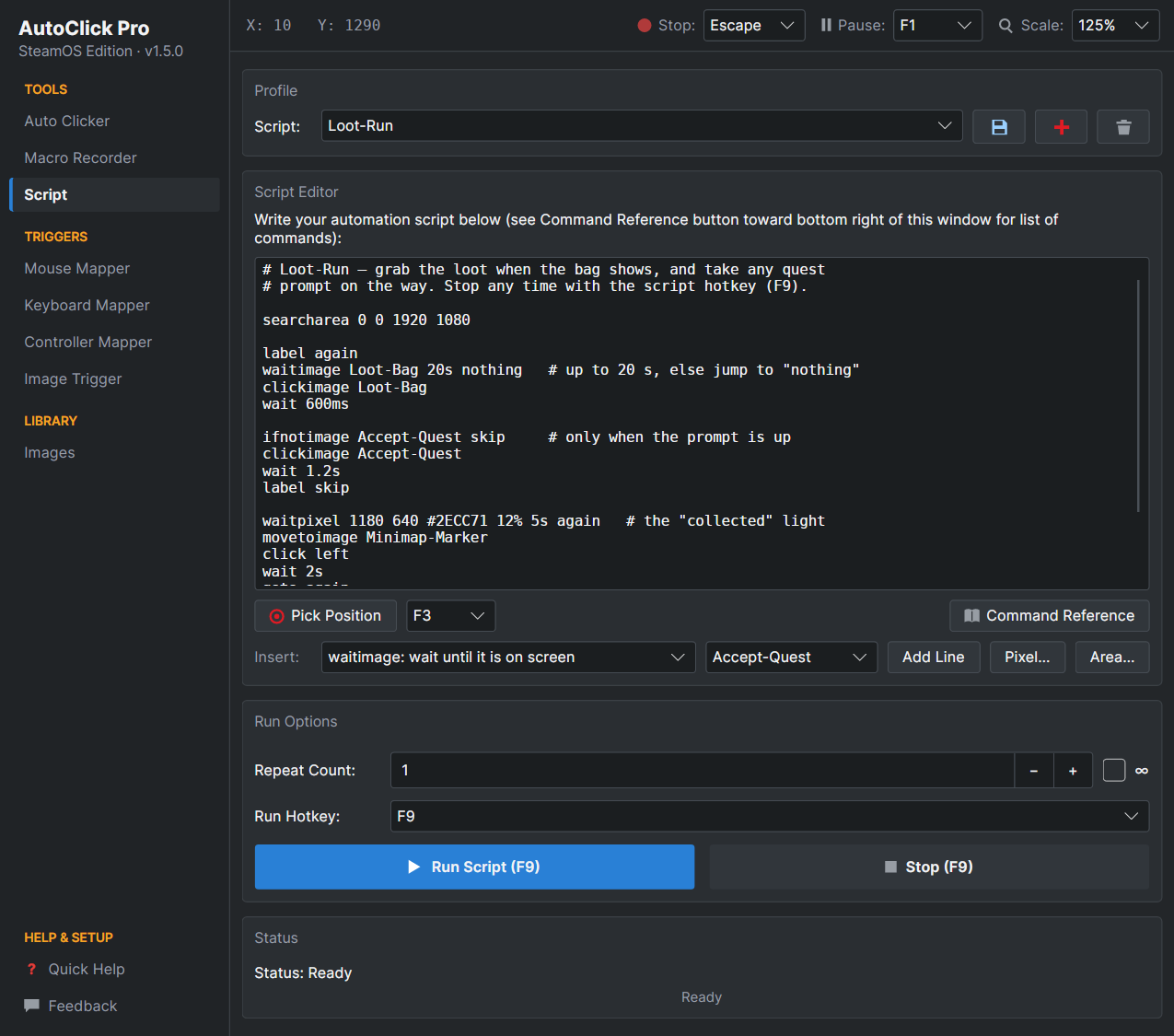 AutoClick Pro Script page with a script using waitimage, clickimage and waitpixel, Insert buttons for the image commands, and the run options