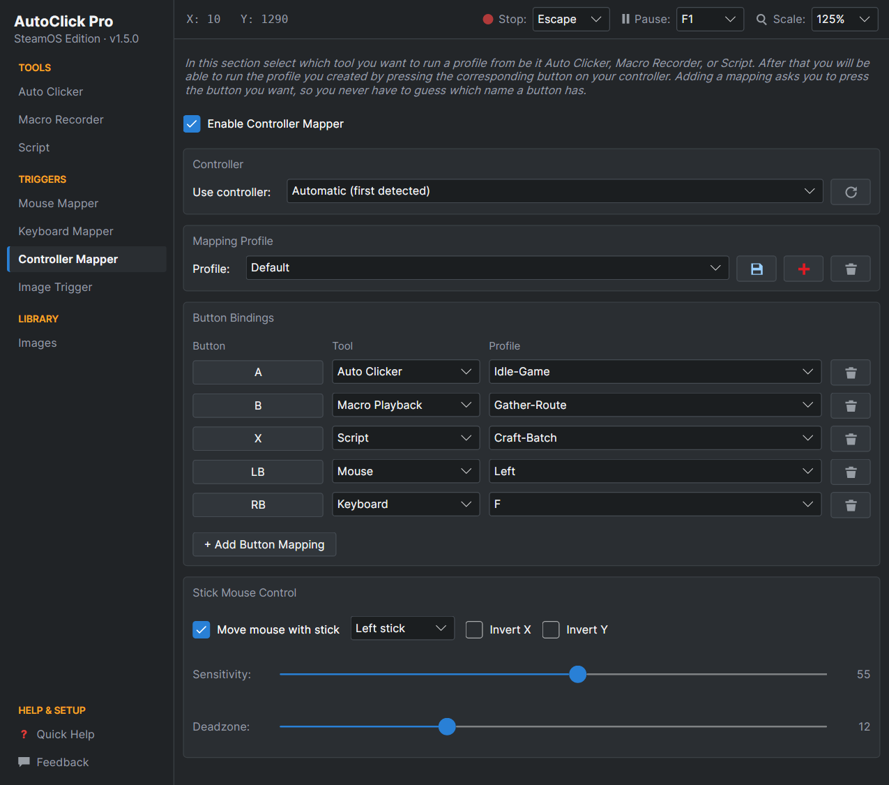 AutoClick Pro Controller Mapper page mapping gamepad buttons to saved profiles, with stick mouse control including sensitivity and deadzone sliders