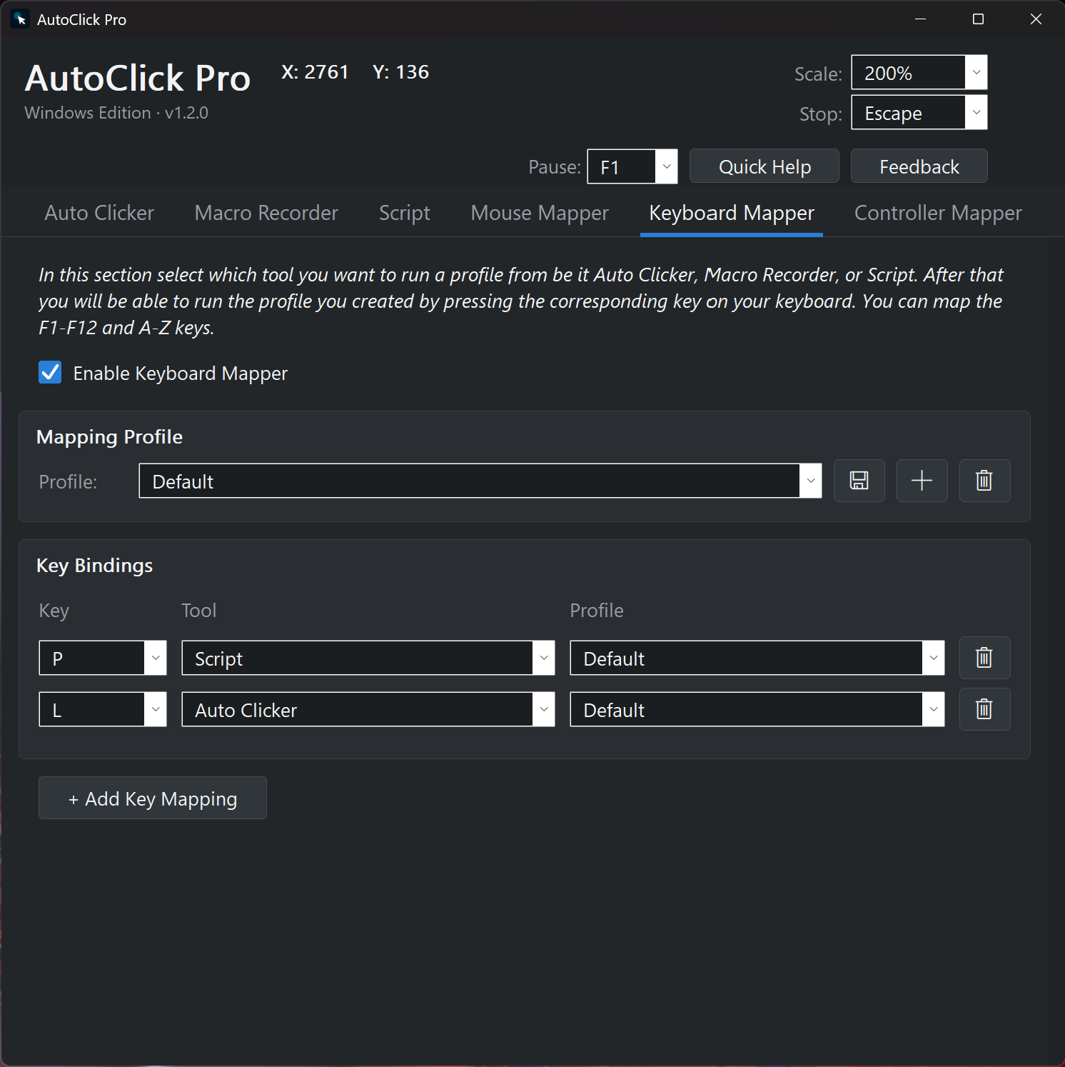 AutoClick Pro Keyboard Mapper tab on Windows binding keyboard keys to saved auto clicker, macro, and script profiles