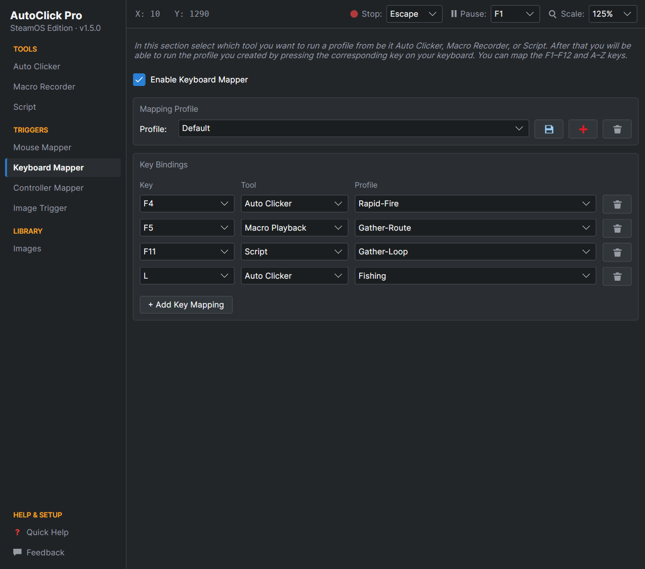 AutoClick Pro Keyboard Mapper page binding F-keys and a letter to saved profiles