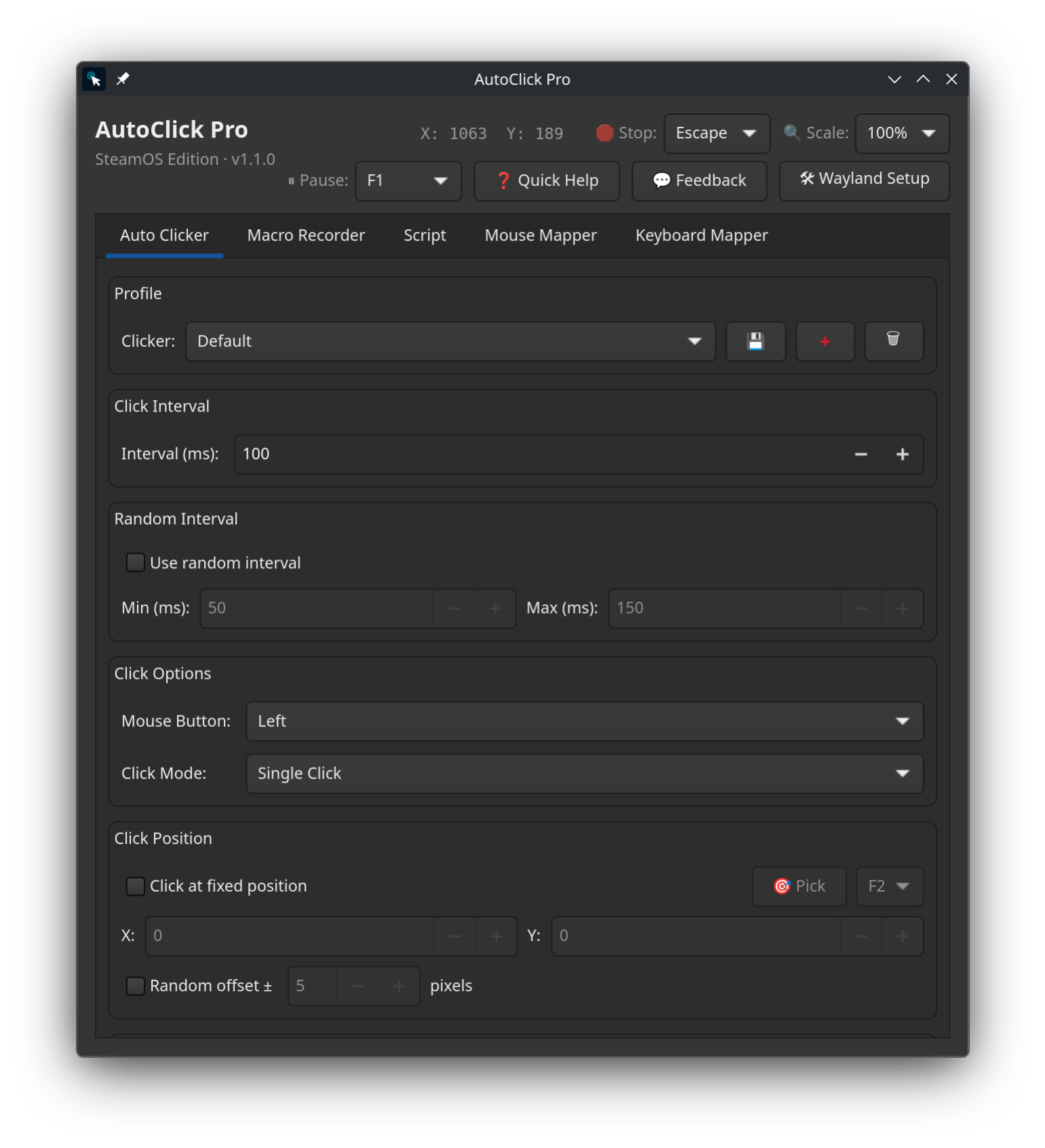 AutoClick Pro auto clicker tab on SteamOS and Linux showing click interval, mouse button, click mode, and click position settings