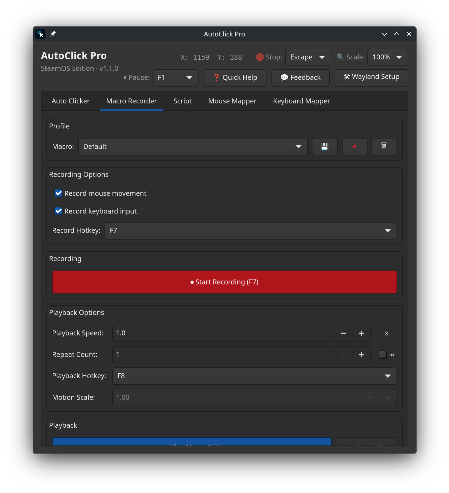 AutoClick Pro macro recorder tab on SteamOS and Linux with recording options, playback speed, and repeat count controls