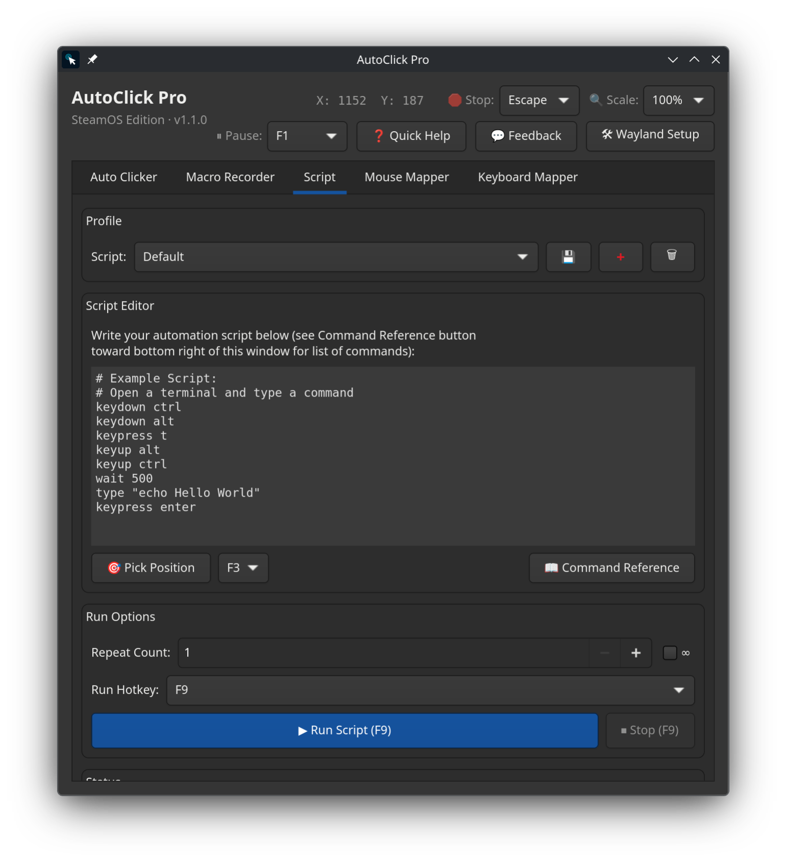AutoClick Pro scripting tab on SteamOS and Linux showing an example automation script with keydown, keypress, wait, and type commands