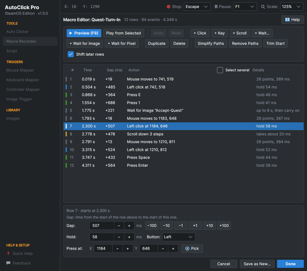 AutoClick Pro Macro Editor showing a recording as a list of clicks, key presses and a Wait for Image step, with the gap, hold and position of the selected row