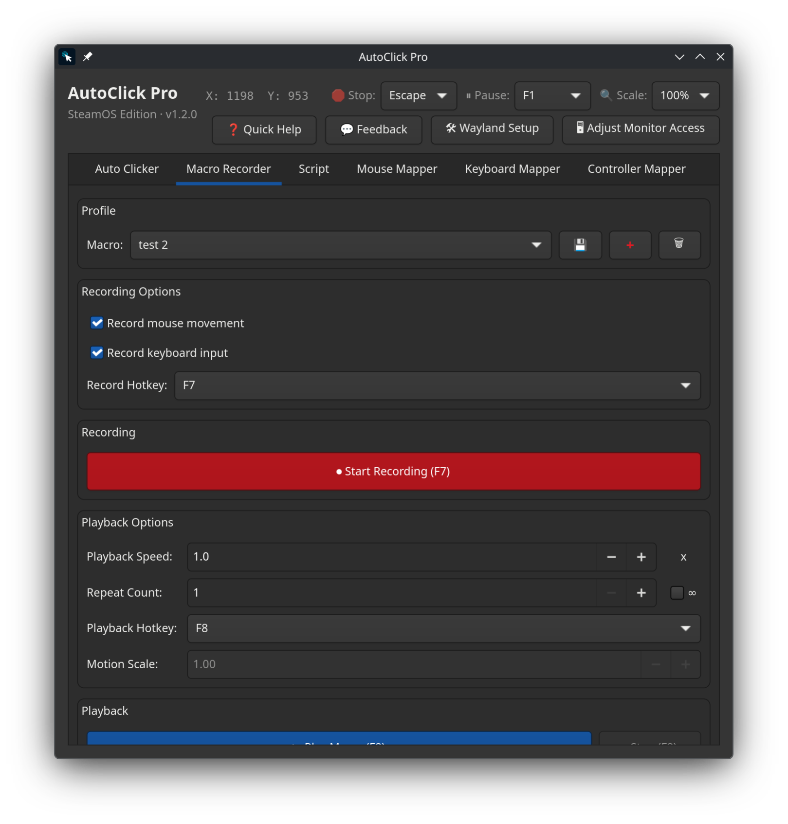 AutoClick Pro macro recorder tab on SteamOS and Linux with recording options, record hotkey, playback speed, repeat count, and motion scale controls