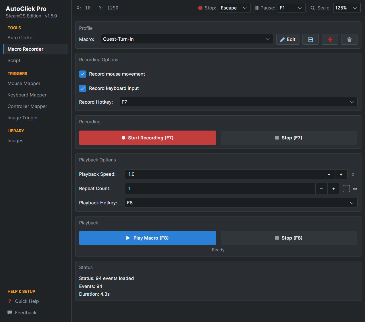 AutoClick Pro Macro Recorder page with recording options, record hotkey, playback speed and repeat count controls