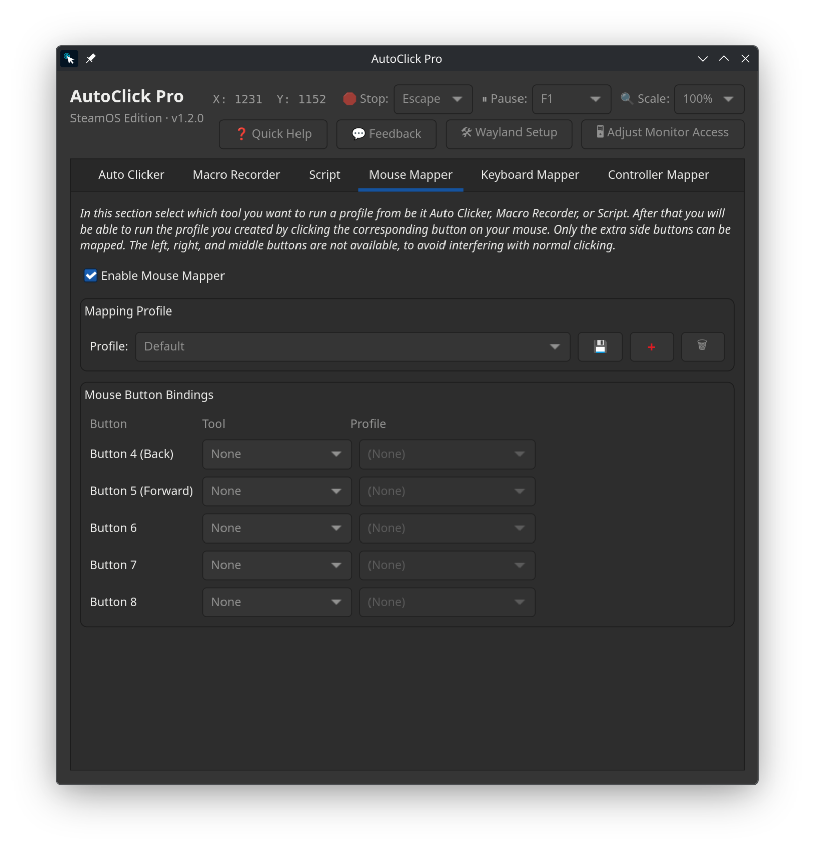 AutoClick Pro Mouse Mapper tab on SteamOS and Linux mapping up to five extra mouse buttons, including back and forward, to saved auto clicker, macro, and script profiles