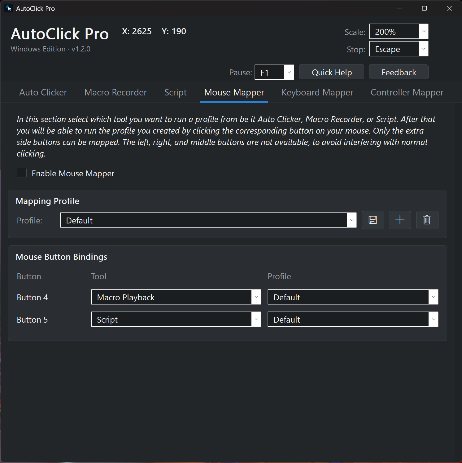 AutoClick Pro Mouse Mapper tab on Windows mapping extra mouse side buttons to saved auto clicker, macro, and script profiles