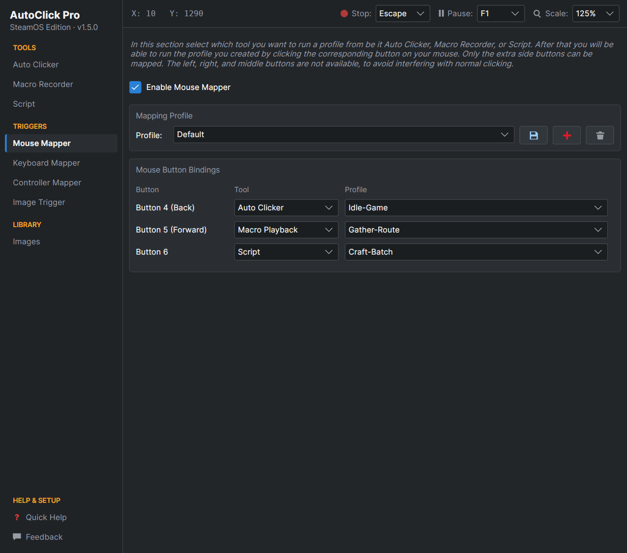 AutoClick Pro Mouse Mapper page binding the extra mouse buttons to saved Auto Clicker, macro and script profiles