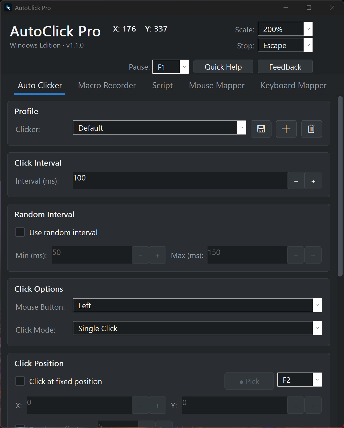 AutoClick Pro auto clicker tab on Windows showing click interval, mouse button, click mode, and click position settings on a dark interface