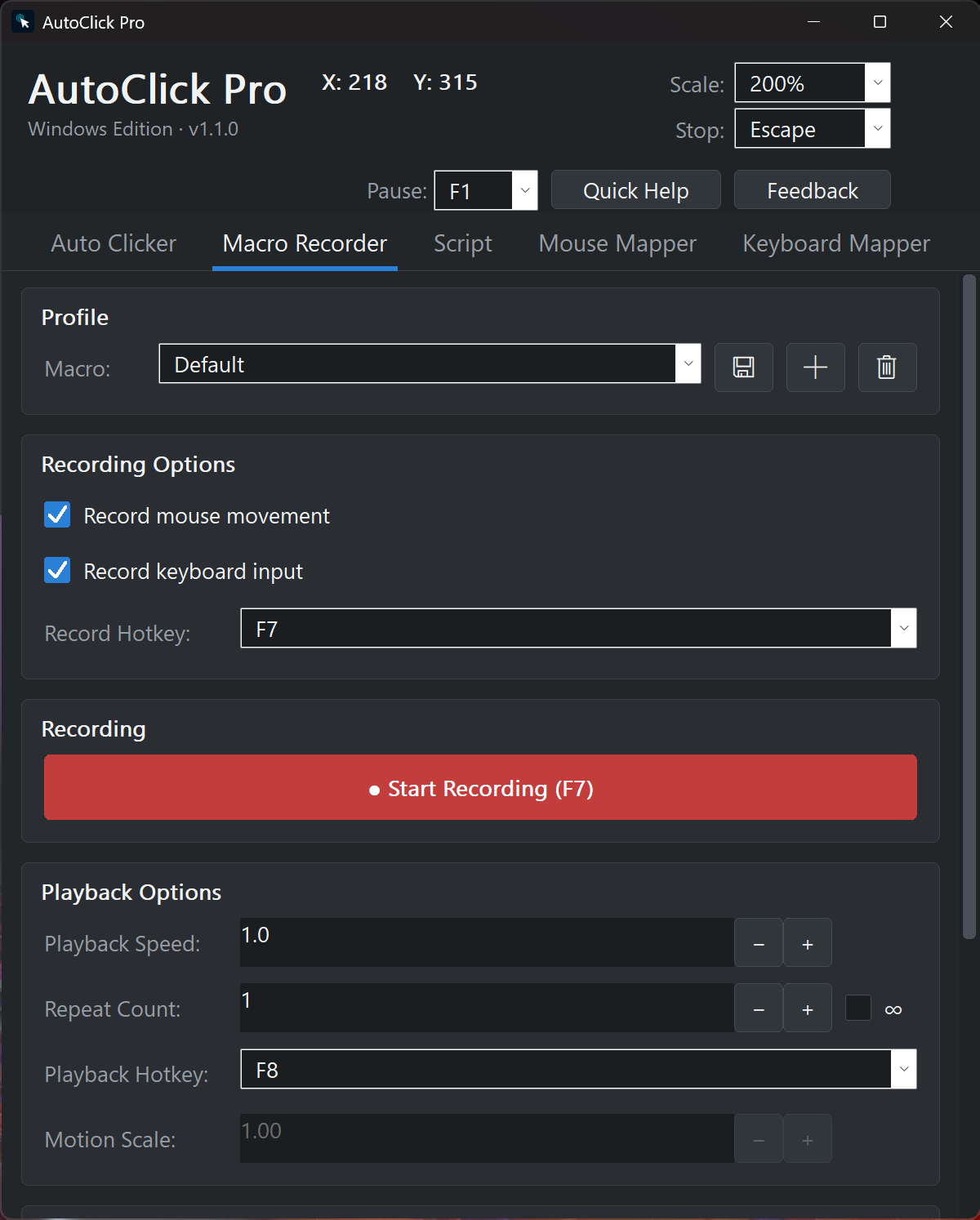 AutoClick Pro macro recorder tab on Windows with recording options, playback speed, and repeat count controls