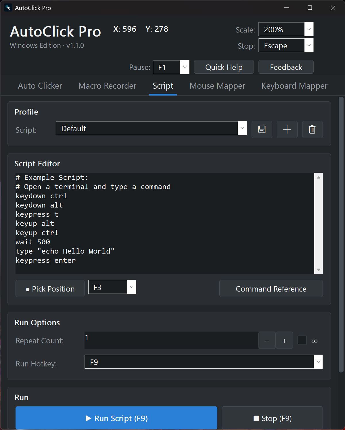 AutoClick Pro scripting tab on Windows showing an example automation script with keydown, keypress, wait, and type commands