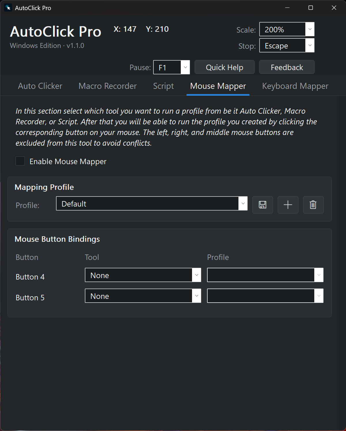 AutoClick Pro Mouse Mapper tab on Windows mapping extra mouse side buttons to saved auto clicker, macro, and script profiles