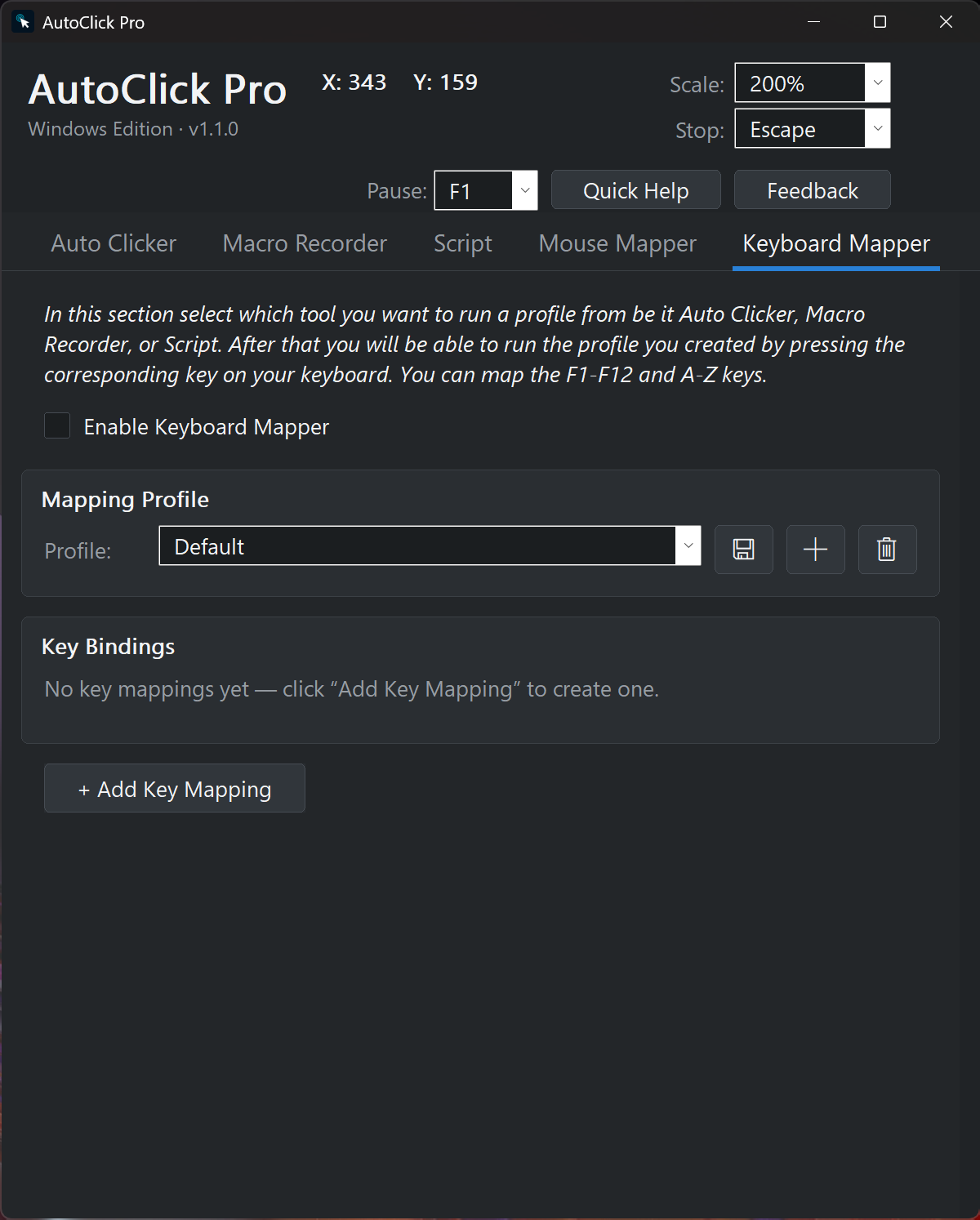 AutoClick Pro Keyboard Mapper tab on Windows mapping keyboard keys to saved auto clicker, macro, and script profiles